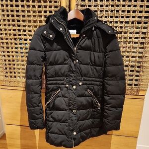Zara Long Black Puffer Jacket with Hood - XS
